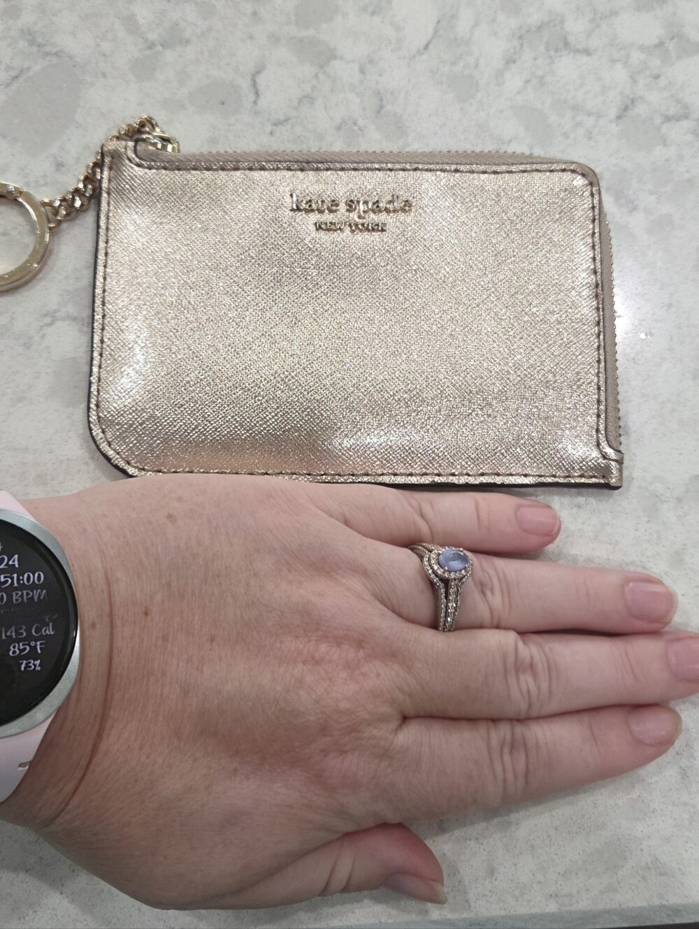 Kate Spade Metallic Champagne Rose Gold L-Zip Key Pouch Card Holder - Picture 6 of 10